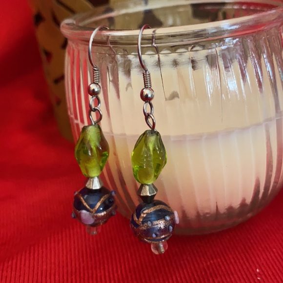 EXQUISITE Beaded Drop Earrings, Gold, Green, Blue, Pink, White, Handmade, L=2” - Picture 2 of 8